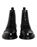 Black Leather Lace Up Mid Calf Boots Shoes