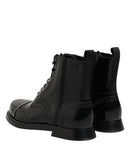 Black Leather Lace Up Mid Calf Boots Shoes