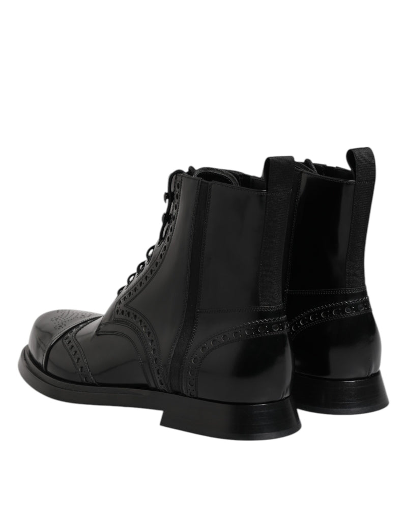 Black Leather Lace Up Mid Calf Boots Shoes