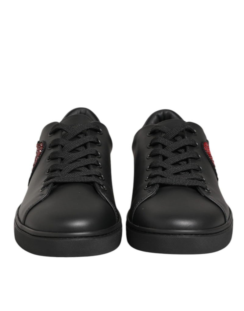 Black Leather Crystal Heart Sneakers  Shoes