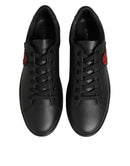 Black Leather Crystal Heart Sneakers  Shoes