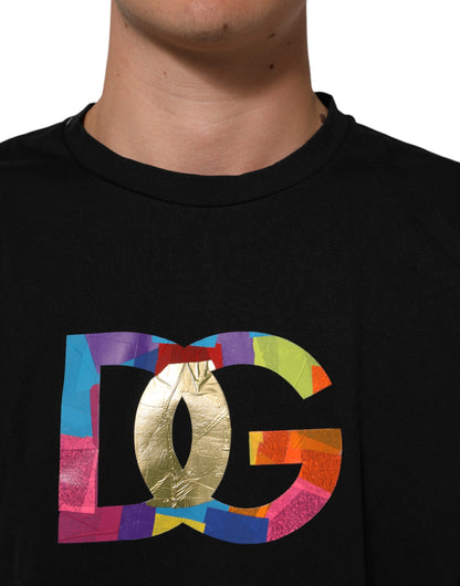 Black Logo Print Cotton Men Crew Neck T-shirt