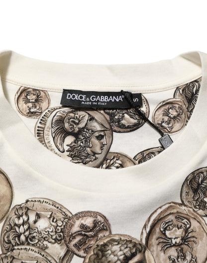 White Coin Print Cotton Crew Neck Men T-shirt
