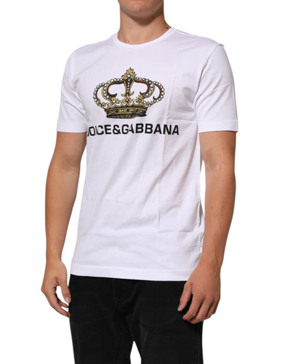 White Crown Print Cotton Crew Neck T-shirt