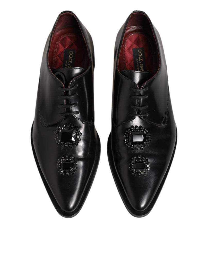 Black Leather Jeweled Crystals Derby Shoes