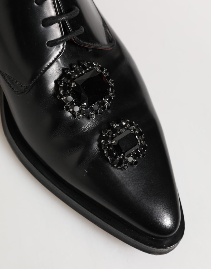 Black Leather Jeweled Crystals Derby Shoes