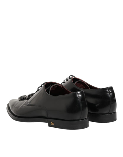 Black Leather Jeweled Crystals Derby Shoes
