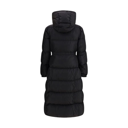 The long Down Jacket with hood and wool trims
