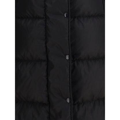 The long Down Jacket with hood and wool trims